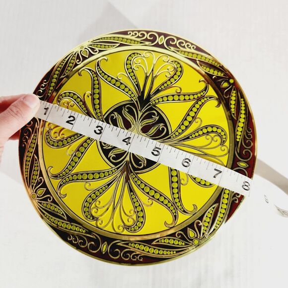 Decorative Nut Tin Filigree Bright Yellow Round Box Storage Container Embossed - Picture 12 of 12